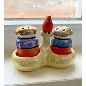 Japan Mini Lusterware Salt and Pepper Shakers with Cardinal Bird Hoder